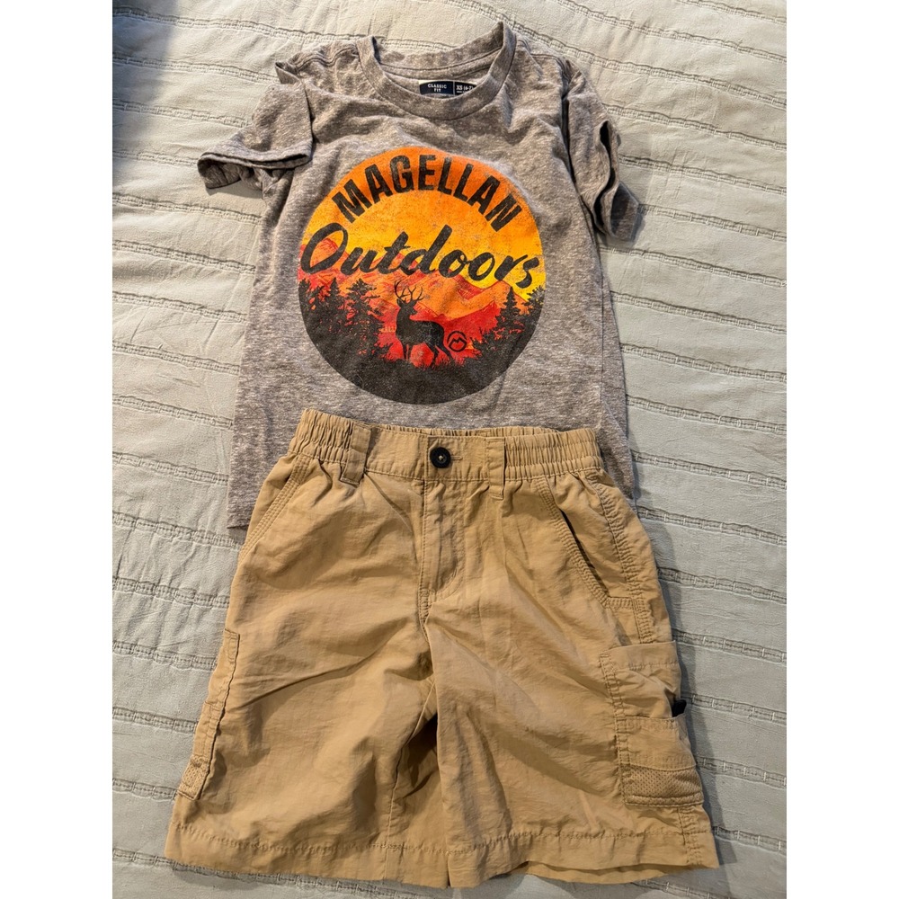 Magellan Outdoors Boys XS 6-7 T-Shirt and Fish Gear Cargo Shorts Set Tan Grey